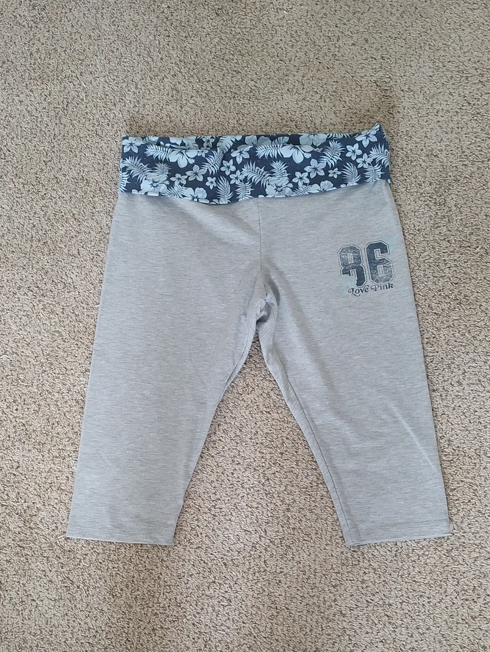 PINK Victoria's Secret Grey Capri Leggings with Navy Floral Waistband
